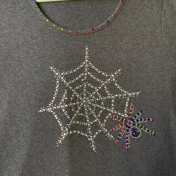 Quacker Factory Womens Shirt Spider Web Size Large Gray Grey Jersey Rhinestones - Picture 8 of 16